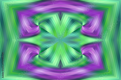 Symetryczny geometryczny wzór wąskich pasów w gradientowej zielono - fioletowej kolorystyce, lustrzane odbicie. Abstrakcyjne tło, tekstura 
