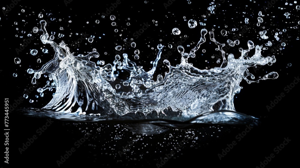 A dynamic splash of water frozen in time against a stark black backdrop, capturing the movement and energy of the moment A dynamic splash of water frozen in time against a stark black backdrop, capturing the movement and energy of the moment