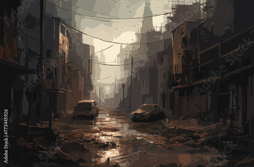 A dark rain and dreary abandoned city with broken buildings and old abandoned building