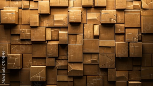 A wall built entirely out of cardboard boxes, stacked neatly on top of each other