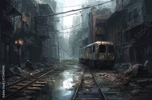 A dark rain and dreary abandoned city with broken buildings and old abandoned building