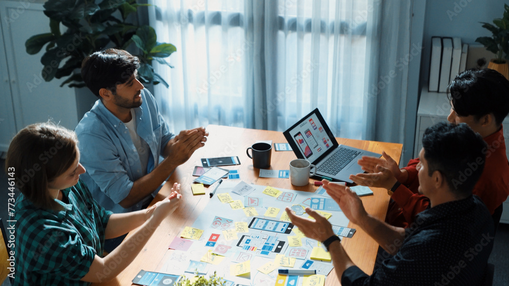 Top view of business team brainstorming idea by using mind map while ...