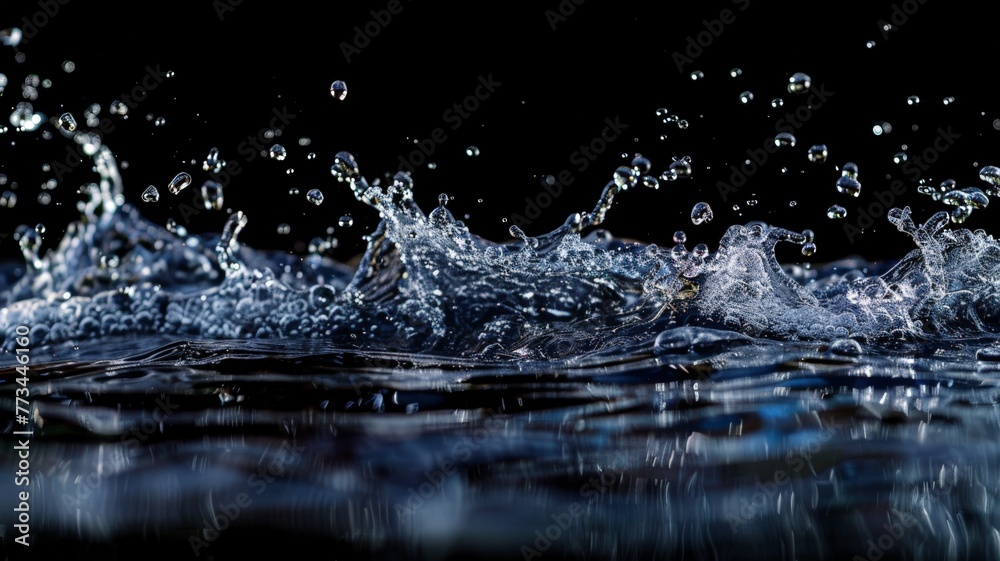 High-speed capture of water droplets splashing against a stark black backdrop, creating dynamic patterns and textures