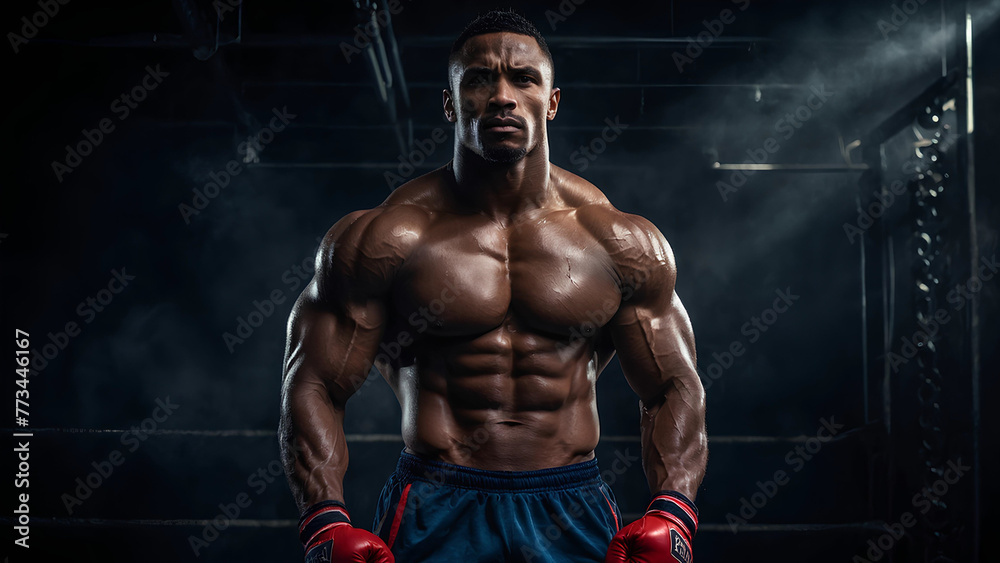 Portrait of a young black athlete in training ground with muscular body wearing boxing gloves on black background and smoke effect. sport-Generative AI