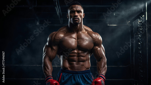 Portrait of a young black athlete in training ground with muscular body wearing boxing gloves on black background and smoke effect. sport-Generative AI