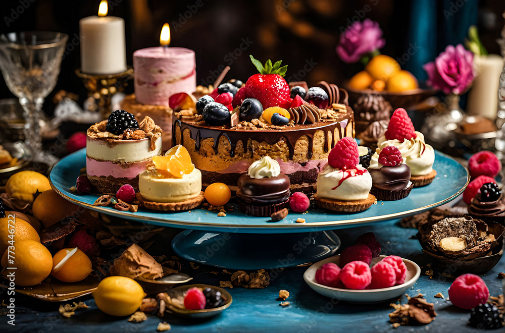 Picture a sumptuous array of decadent desserts arranged artfully on a table, showcasing a variety of textures and colors
