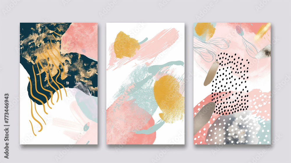  Set of cards with watercolor hand drawn blots. Abstract canvas painting templates. Illustration template for design poster, card, invitation, placard, brochure, flyer. Watercolor texture.