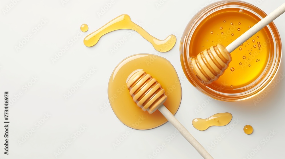 Honey dripping from dipper with glass jar, clean setting. Stream of honey with wooden stick. Concept of organic produce, sweetness, and food styling. Top view. Banner. Copy space Honey dripping from dipper with glass jar, clean setting. Stream of honey with wooden stick. Concept of organic produce, sweetness, and food styling. Top view. Banner. Copy space