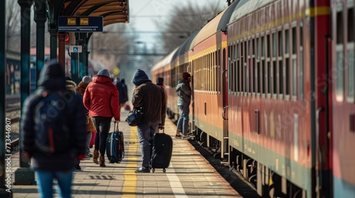 VELENCE, HUNGARY - APRIL 25, 2021: View on the passengers waiting to the Hungarian State Railways train arriving to the station of Agard, Hungary. photo