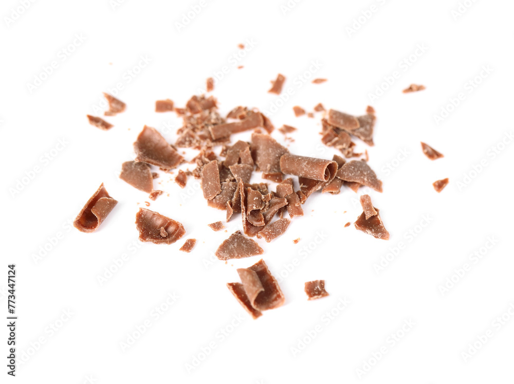 Many crushed chocolate shavings isolated on white Many crushed chocolate shavings isolated on white