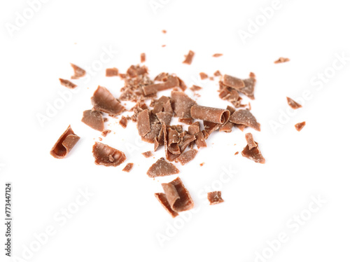 Many crushed chocolate shavings isolated on white
