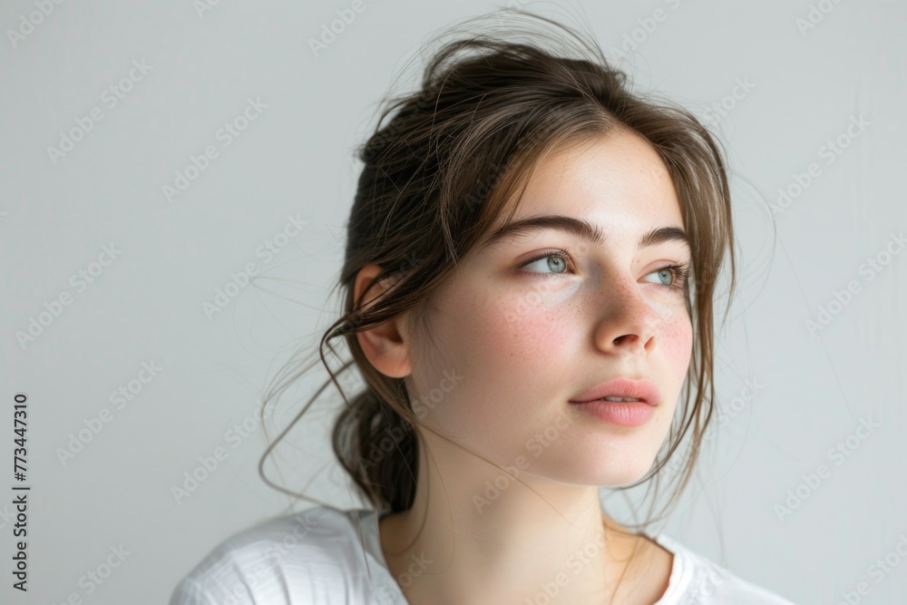 Woman Portrait On White. Beautiful Thoughtful Woman with Happy Expression Woman Portrait On White. Beautiful Thoughtful Woman with Happy Expression