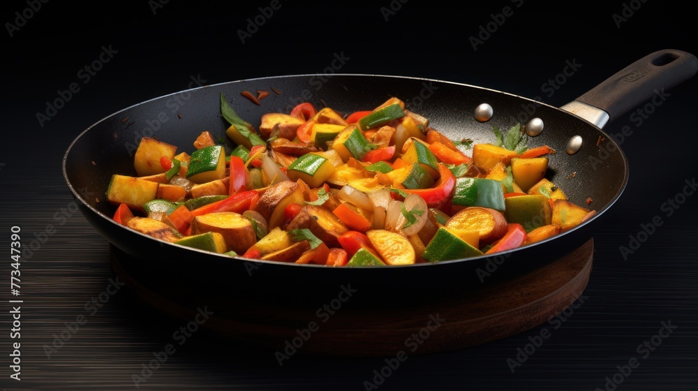 Traditional roasted vegetable mix - hot, stew, and the art of cookery in a sizzling pan. Traditional roasted vegetable mix - hot, stew, and the art of cookery in a sizzling pan.