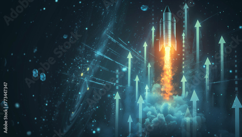 Illustration of a rocket launch with upward arrows, representing the idea that startup moments can be exciting and creative against a dark background. The photography is of high resolution, with ins photo