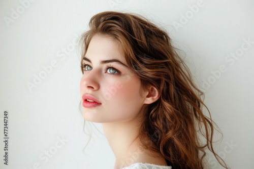 Woman Portrait On White. Beauty and Thoughtful Expression of a Young Woman