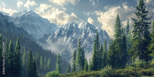Trees And Mountain. Beautiful Pine Trees Landscape with Mountainous Skyline