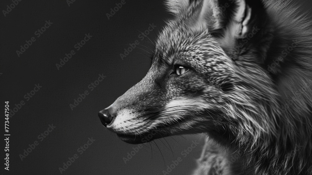 Naklejka premium Close-up profile of a fox on a black background. Illustration for cover, card, postcard, interior design, banner, poster, brochure or presentation.
