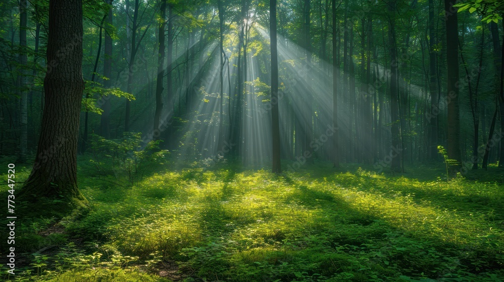 Beautiful view of morning sunlight and long shadows in natural forest
