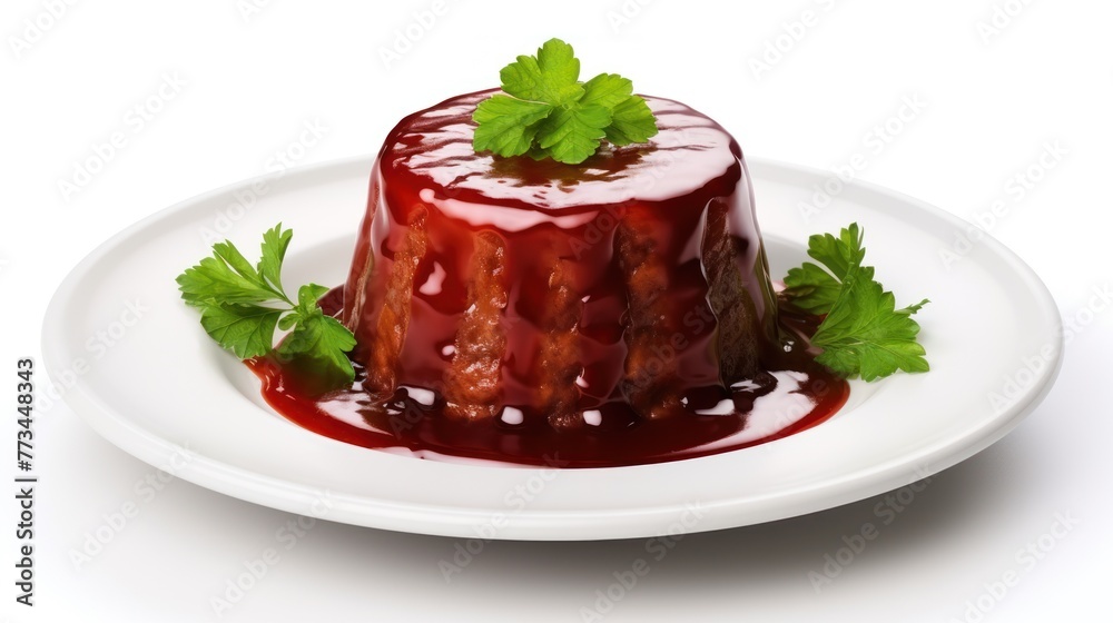 A plate holds a savory meat pudding, enhanced with green leaves and flavorful sauce, creating a tempting culinary delight. A plate holds a savory meat pudding, enhanced with green leaves and flavorful sauce, creating a tempting culinary delight.
