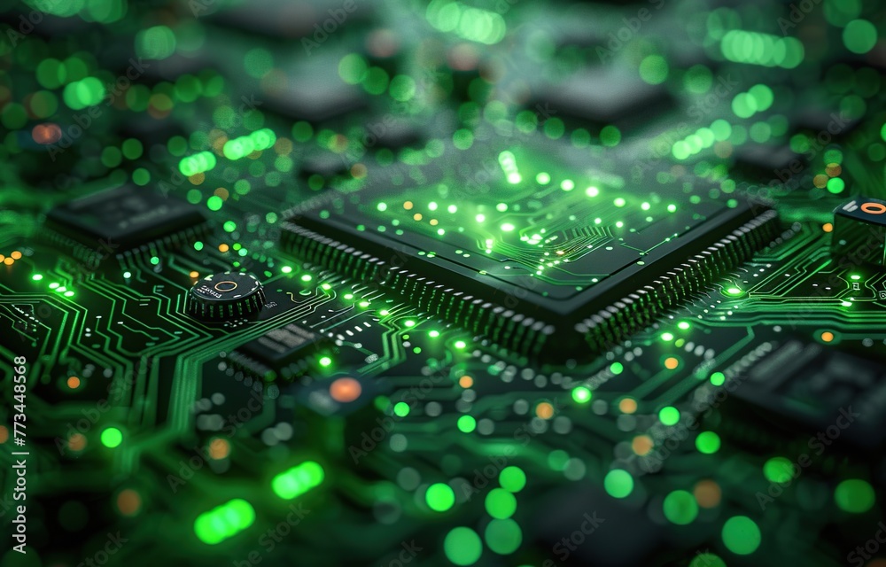 A detailed circuit board and microchip with green glowing neon lights, depicting advanced and detailed technology.