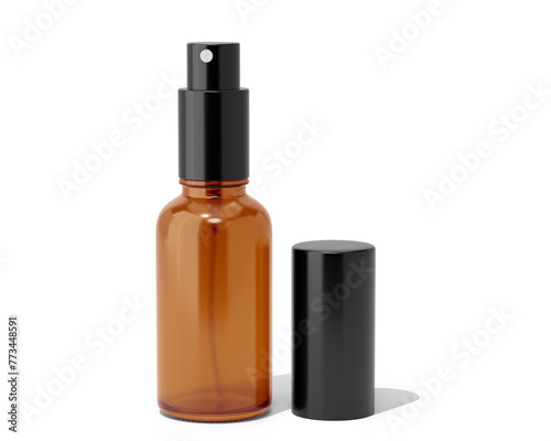 Blank clear brown amber glass cosmetic spray bottle Isolated On Transparent Background. cosmetic packaging. 3D Render.