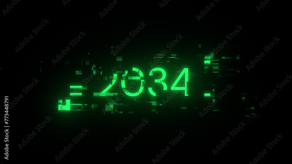 3D rendering 2034 text with screen effects of technological glitches 3D rendering 2034 text with screen effects of technological glitches