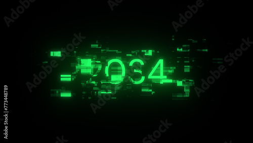 3D rendering 2034 text with screen effects of technological glitches