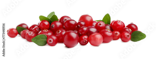 Pile of fresh ripe cranberries with leaves isolated on white