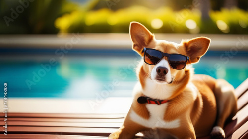 Happy dog in sunglasses resting and relaxing on sunbed at the beach ocean shore. Concept for the summer vacation holidays of pet dog at the seaside © Yekatseryna
