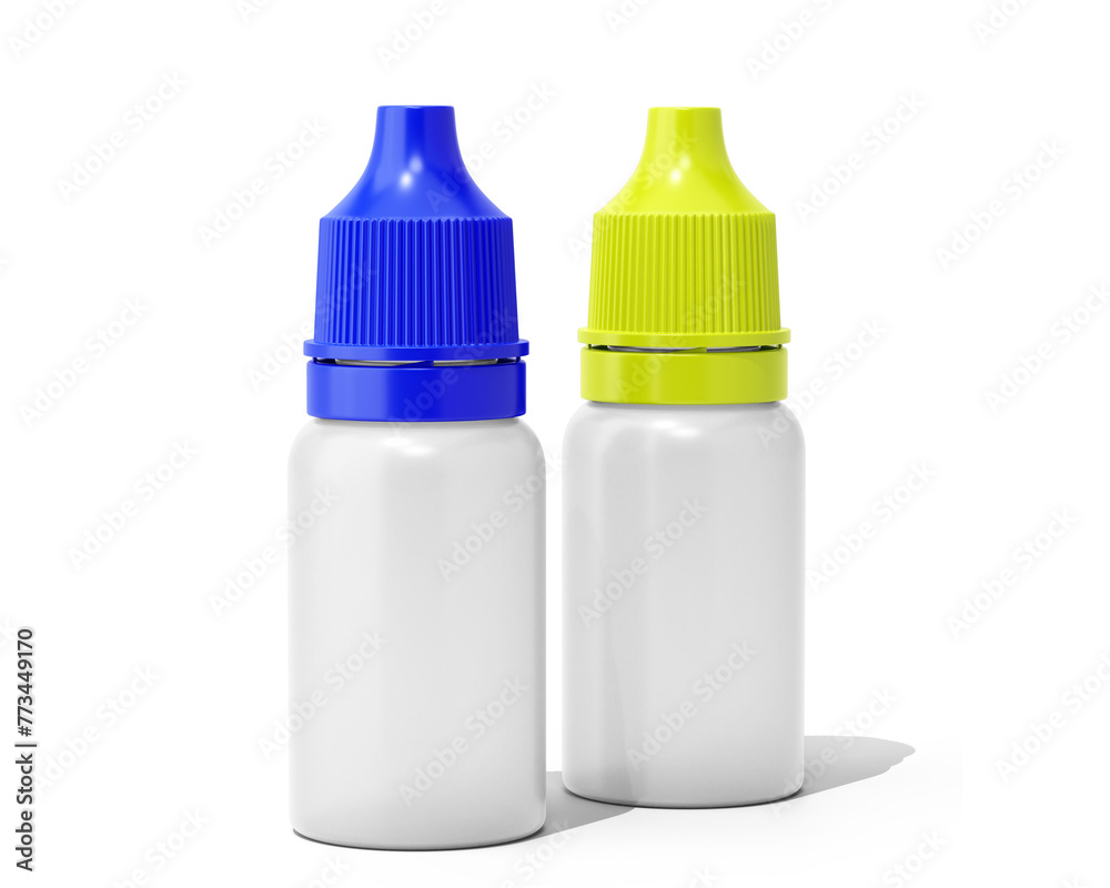 Blank white plastic clear eye dropper bottle with colored cap isolated On Transparent Background. pharmaceutical packaging. 3D Render. Blank white plastic clear eye dropper bottle with colored cap isolated On Transparent Background. pharmaceutical packaging. 3D Render.