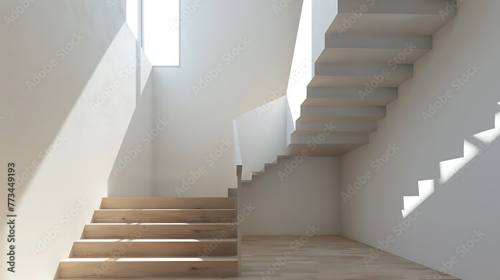 Wooden minimalistic stairs in pure big space Wooden minimalistic stairs in pure big space