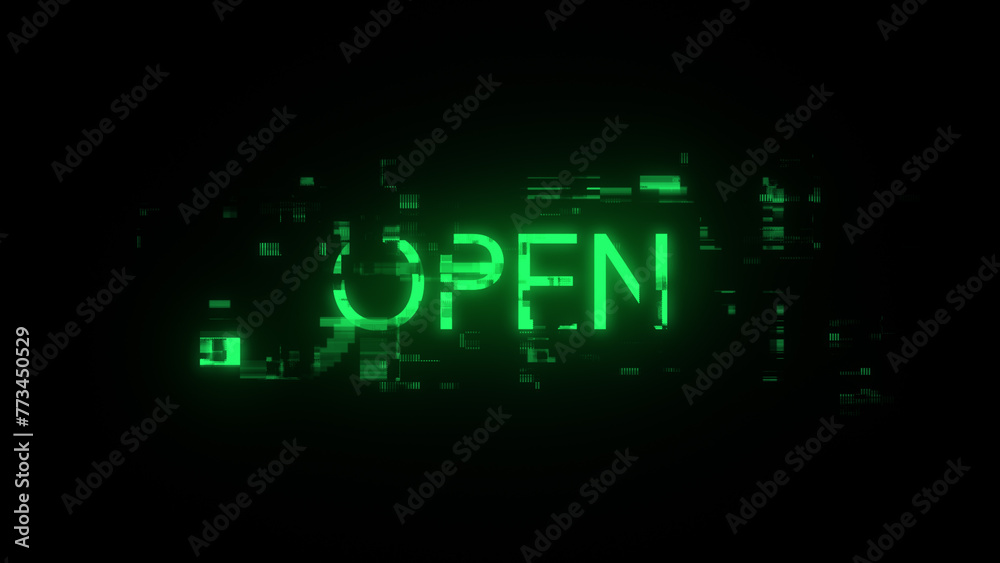 3D rendering open text with screen effects of technological glitches