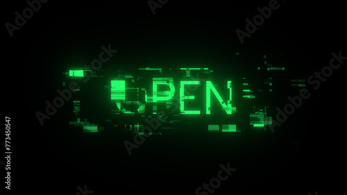 3D rendering open text with screen effects of technological glitches