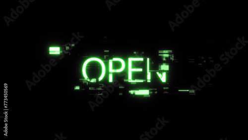 3D rendering open text with screen effects of technological glitches