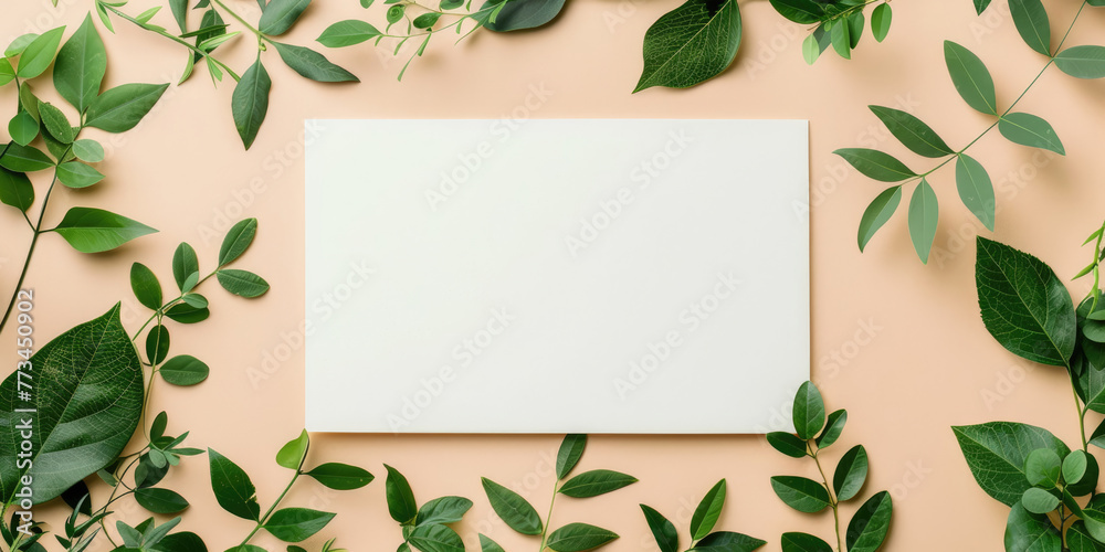 Blank paper on the table around flowers. Background for text. Greeting card