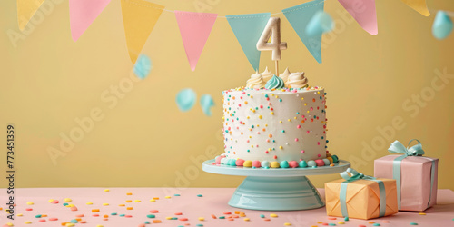 Wallpaper Mural 4th years birthday colorful cake with candles and birthday balloons, party pastel background. Space for text Torontodigital.ca