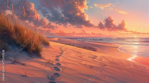 Sand dunes rising majestically along the sea at sunrise  the sky painted in hues of pink and orange