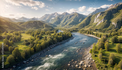 Mountain landscape. Mountain river. Panorama of the river among the mountain forest