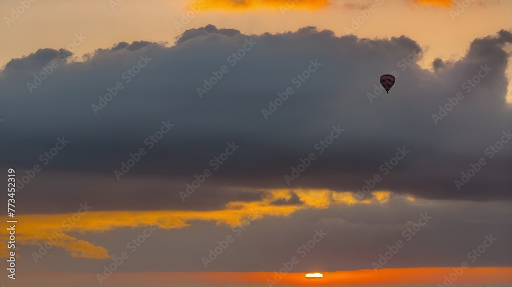 Hot air balloon ride in the sky above landscape at sunrise or sunset. Tourism, travel attraction and adventure concept. Generated AI