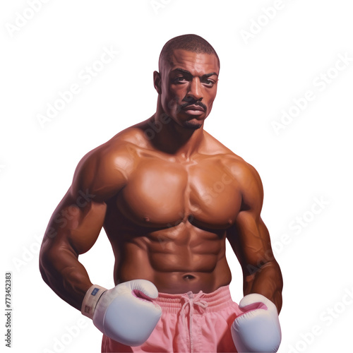 A muscular bodybuilder in pink boxing shorts and gloves, barechested, displaying his toned chest and abdomen while preparing for a striking combat sport fight on transparent