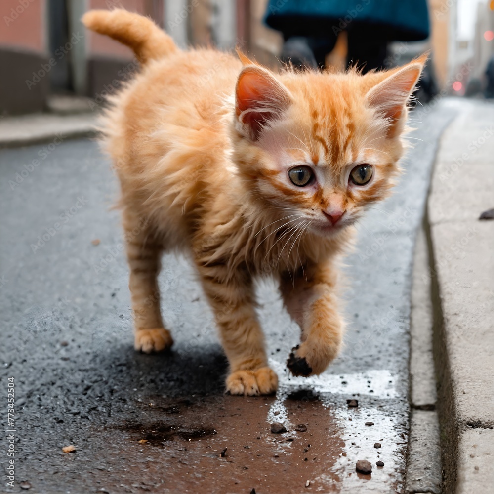 Sad little homeless kitten on city street Sad little homeless kitten on city street