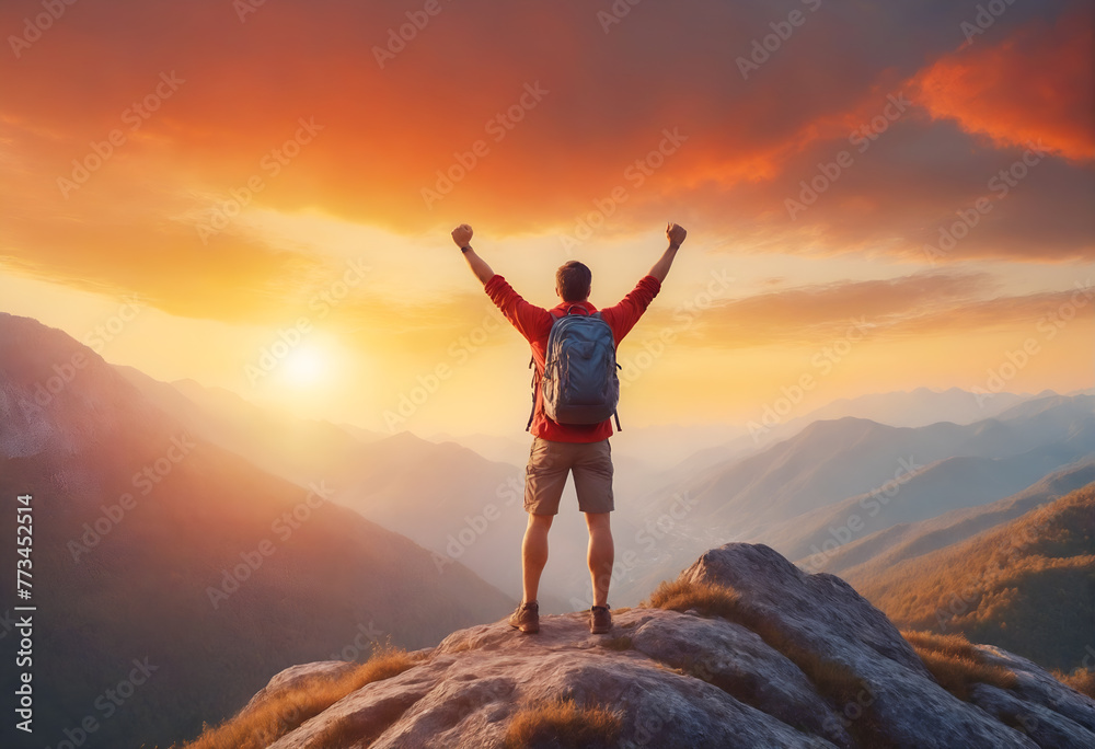 Carefree hiker with arms raised on mountain top Carefree hiker with arms raised on mountain top