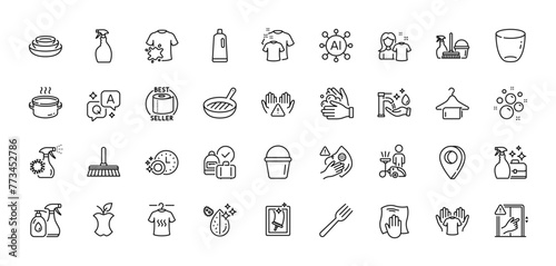 Clean hands  Glass and Dirty t-shirt line icons pack. AI  Question and Answer  Map pin icons. Dry t-shirt  Clean bubbles  Fork web icon. Dont touch  Washing cloth  Coronavirus spray pictogram. Vector