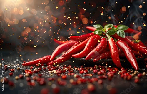 red chilies with burning fire effect on a dark background, hot spicy cooking spices photo
