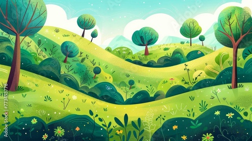 A serene hilly landscape dotted with an abundance of trees