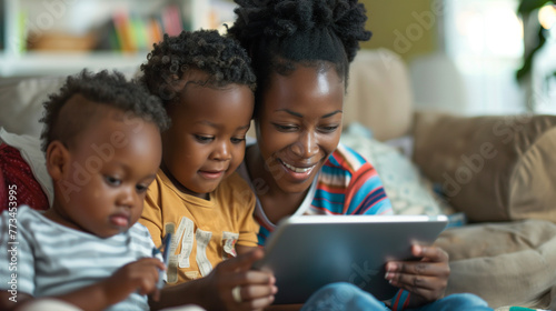An African American mother and her two young kids play with each other using a tablet device