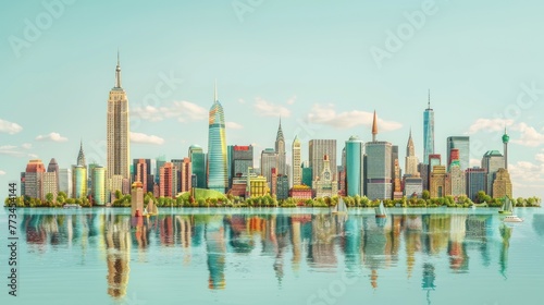A panoramic view of a vibrant city skyline dotted with iconic landmarks. © Avanda1988