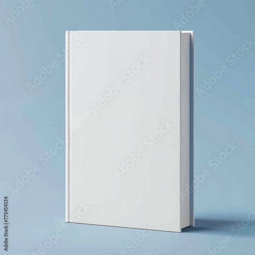 Blank White Hardcover Book Standing Upright on a Soft Blue Background with Shadow, Copy Space photo