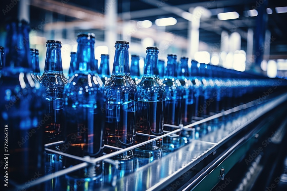 Blue bottles of beer on a conveyor belt at a factory. Factory interior. Factory for the production of glass containers. Concept of working production process