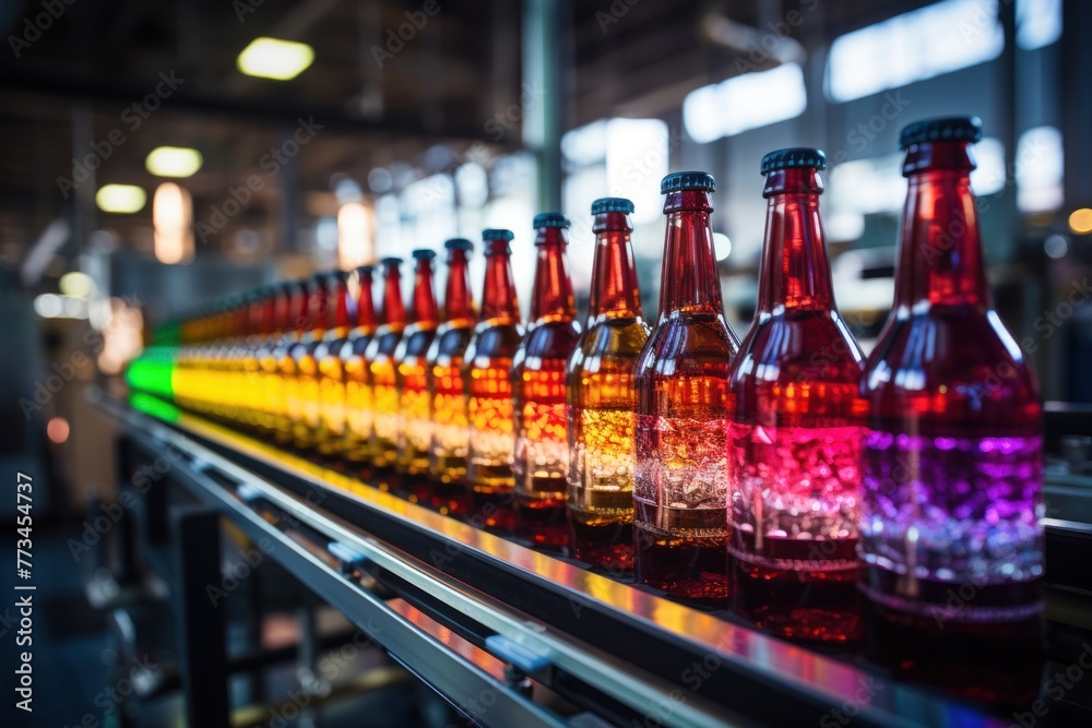 Bottles of alcoholic beverages on a conveyor belt in a beverage factory
